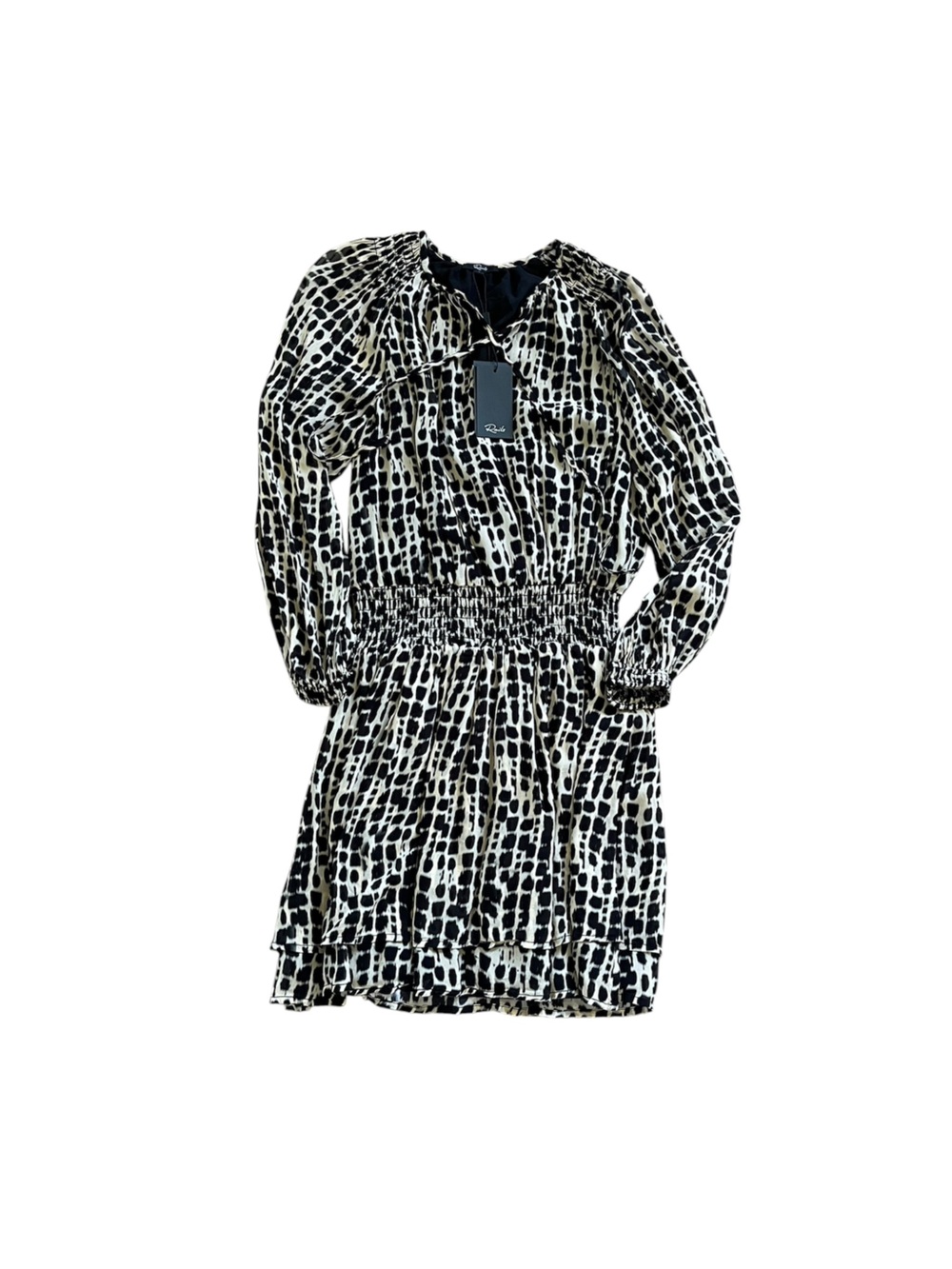 Rails Black and White Printed Long Sleeve Smocked Waist Dress